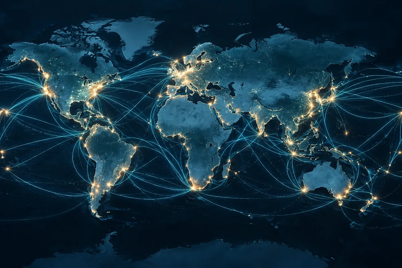 Wide illustration of a world map traced by shipping routes, no text or markings