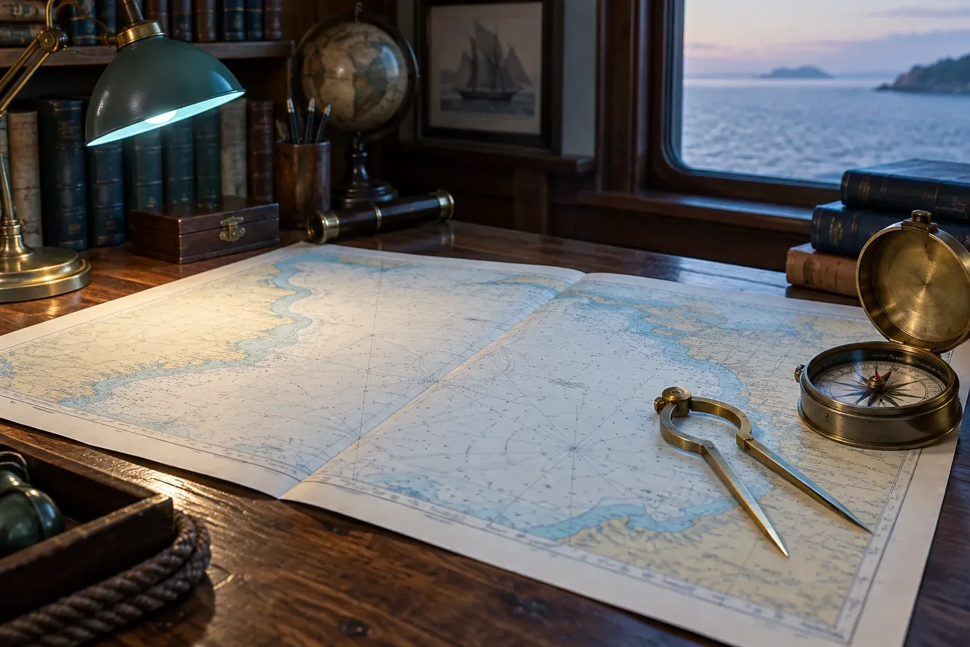 Wide illustration of an open reference book beside a harbour chart, no text or markings