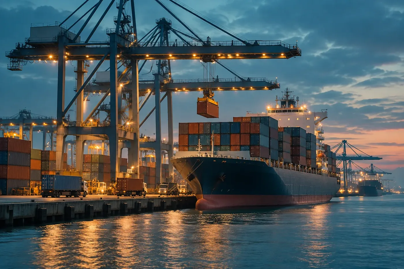 Wide illustration of a global cargo port skyline at dusk, no text or markings