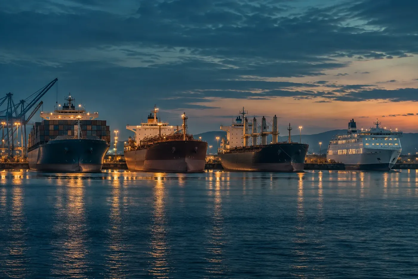 Wide illustration of assorted cargo ship silhouettes in a harbour, no text or markings