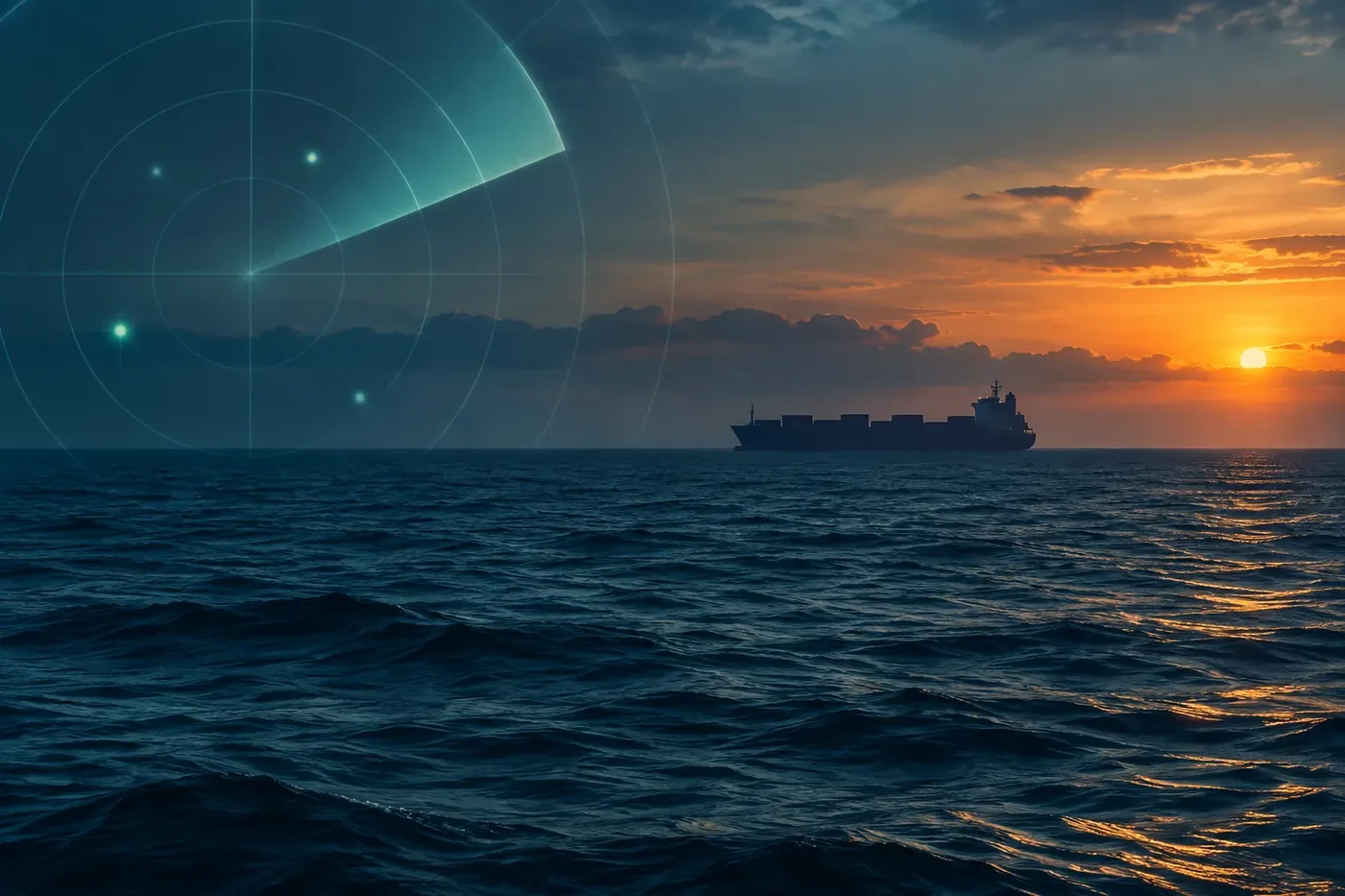 Wide illustration of cargo vessels underway at sea, no text or markings