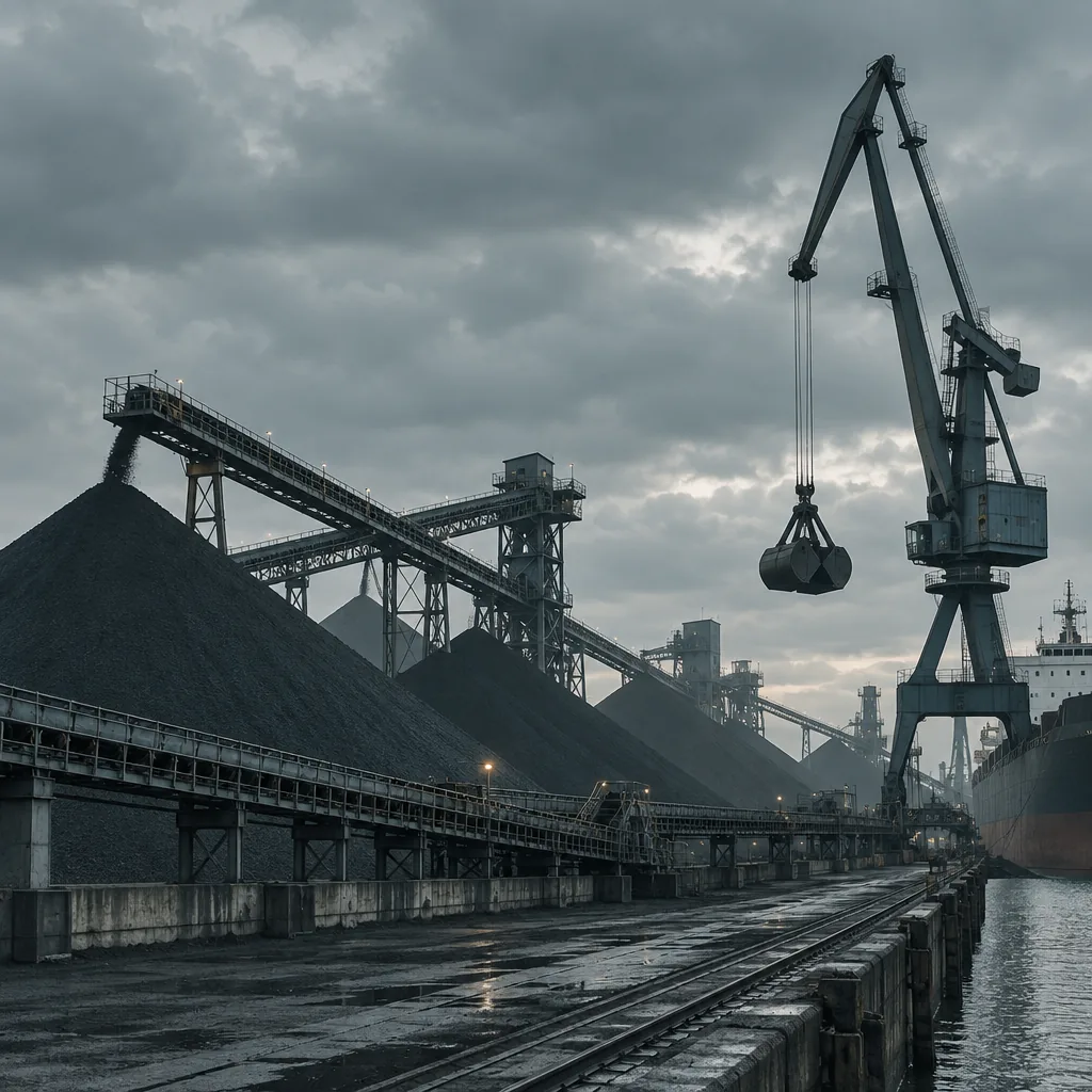 Illustration of a dry-bulk terminal conveyor and stockpiles, no text or markings