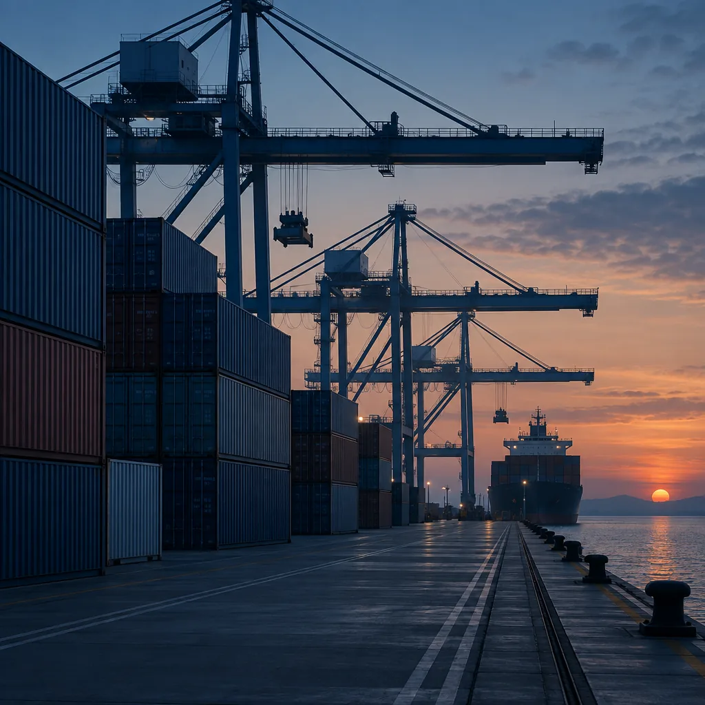 Illustration of a container terminal skyline with cranes at dusk, no text or markings