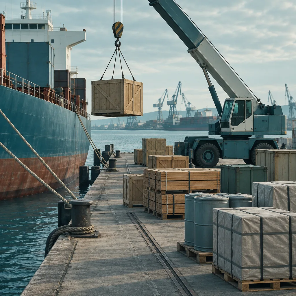 Illustration of a general cargo quay with mixed freight, no text or markings