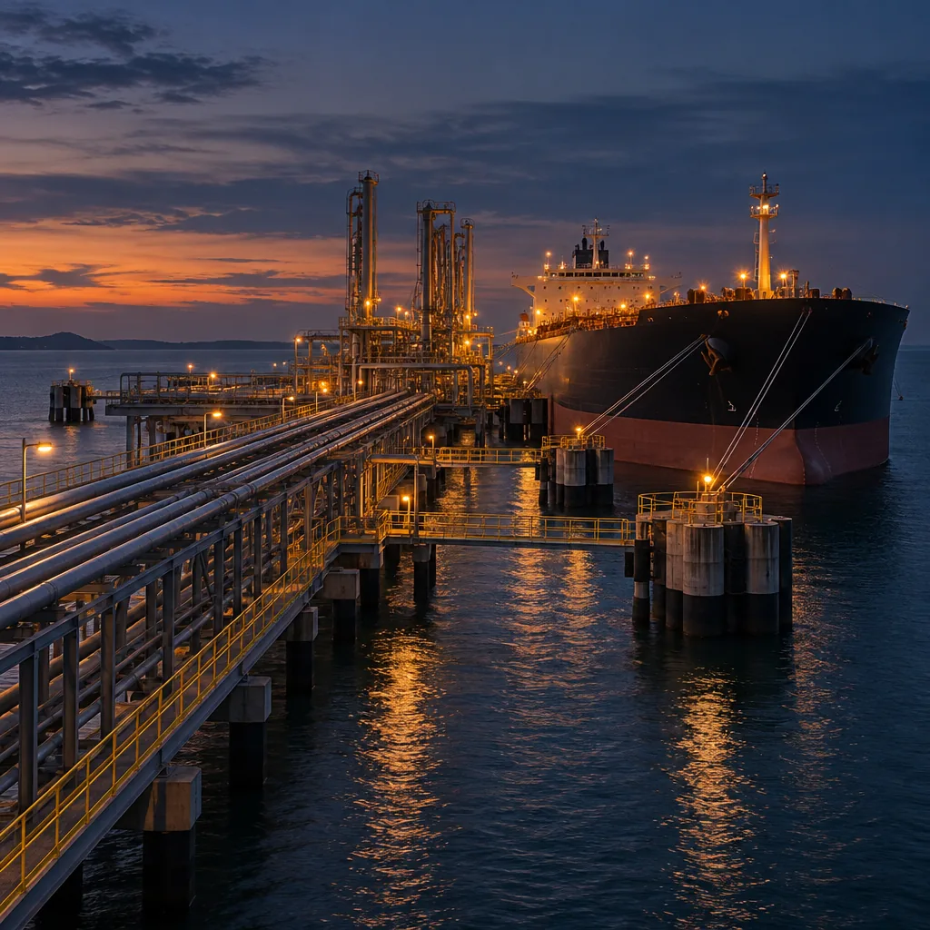 Illustration of a tanker berth with loading arms at a harbour, no text or markings