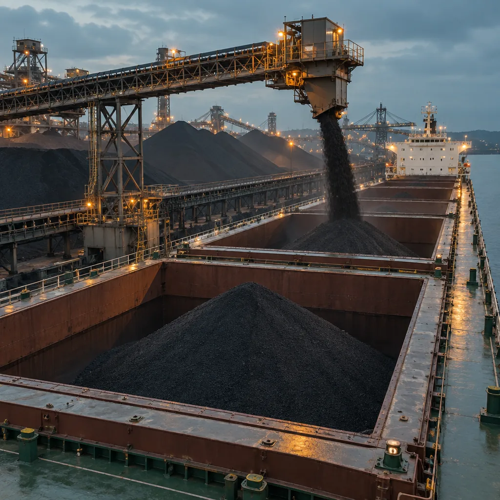 Illustration of a bulk carrier ship's open cargo holds at a dry-bulk terminal, no text or markings