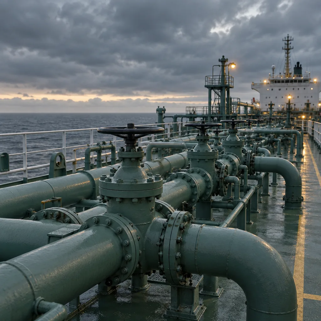 Illustration of a chemical tanker's piping manifold at a liquid-bulk berth, no text or markings