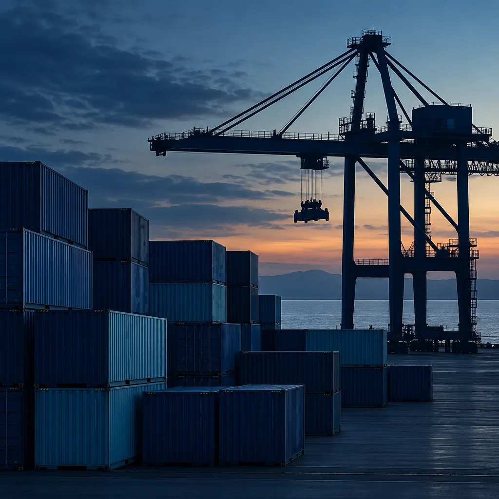 Illustration of stacked shipping containers being loaded by a gantry crane, no text or markings