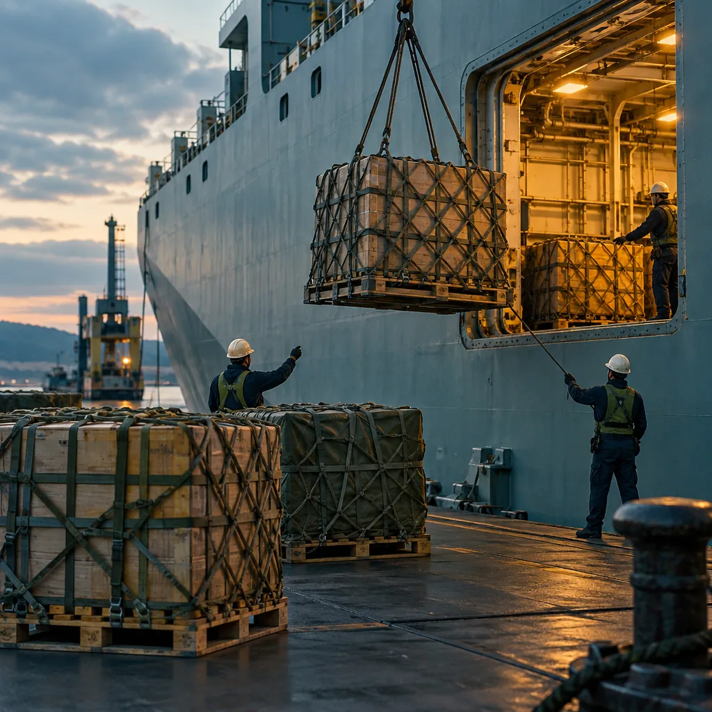 Illustration of break-bulk cargo crates on a quayside, no text or markings