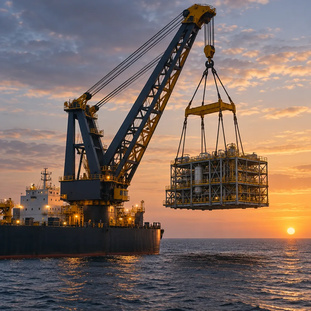 Illustration of a heavy-lift vessel's deck crane hoisting an oversized load, no text or markings