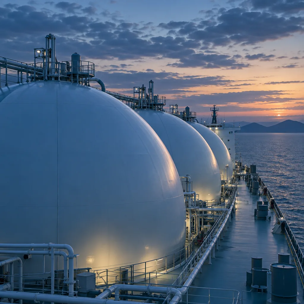 Illustration of an LNG carrier's spherical cargo tanks against a dusk sky, no text or markings