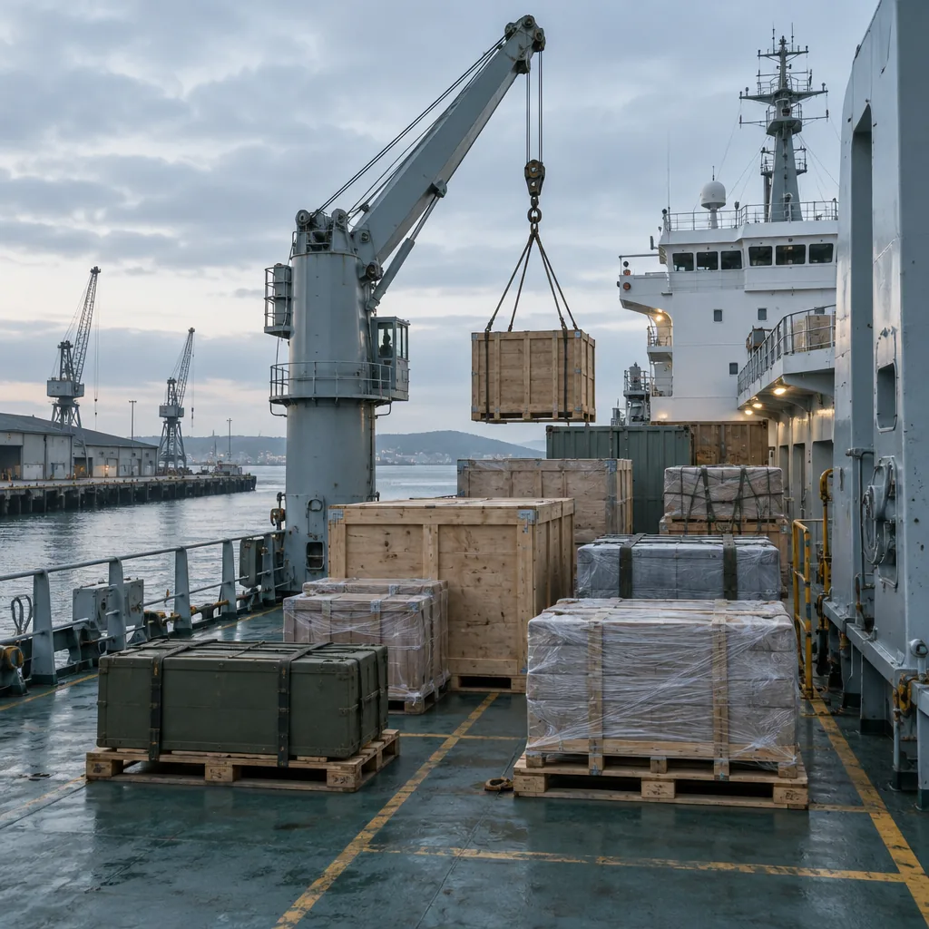 Illustration of a multi-purpose cargo vessel's deck with mixed cargo, no text or markings