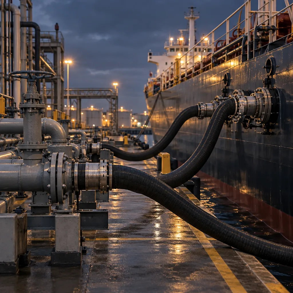 Illustration of an oil tanker's deck pipework at a tanker berth, no text or markings