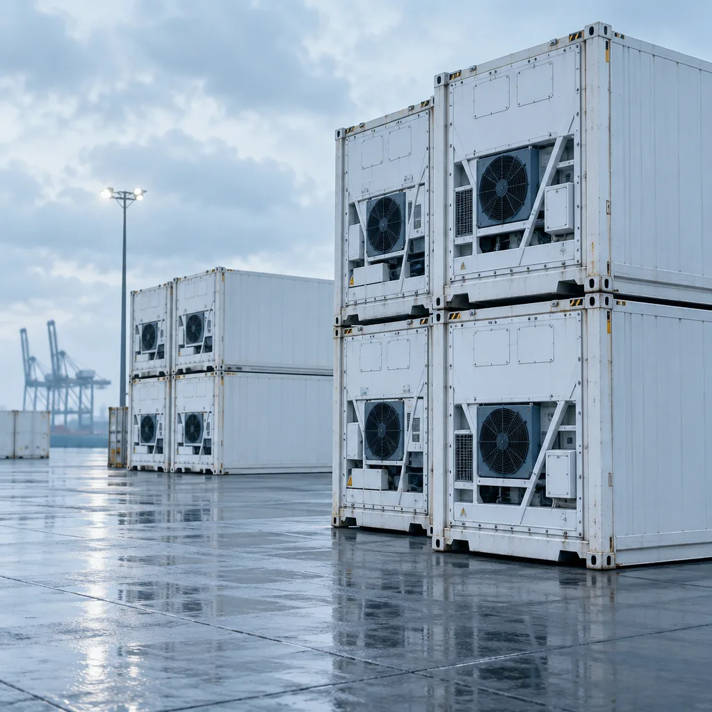 Illustration of a reefer terminal with refrigerated containers, no text or markings