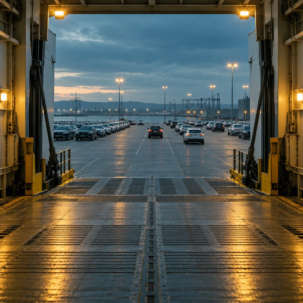 Illustration of vehicles boarding a roll-on/roll-off ferry ramp, no text or markings